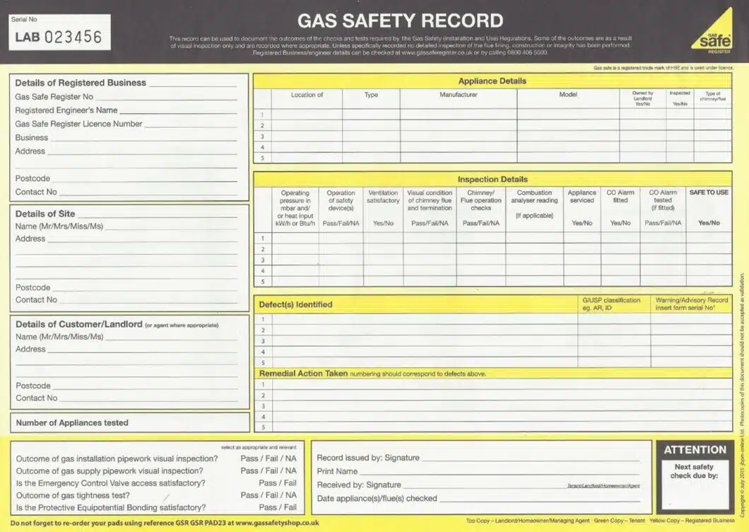 Commercial gas safety certificate record document
