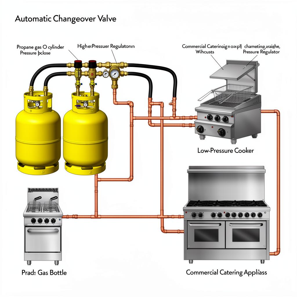 LPG gas bottles with automatic changeover valve and pipework to mobile catering appliances